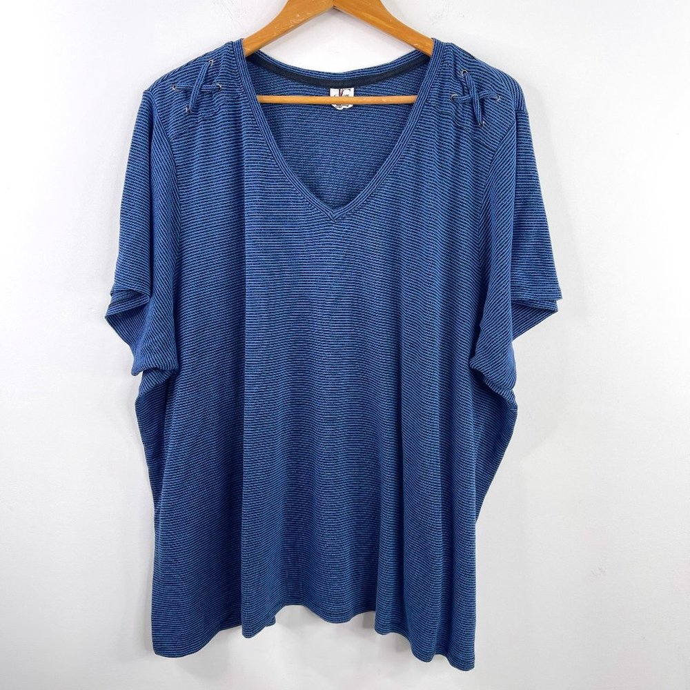 d/c Jeans Woman Blue Black Striped Short Sleeve V Neck Pullover Top Plus Size 5X